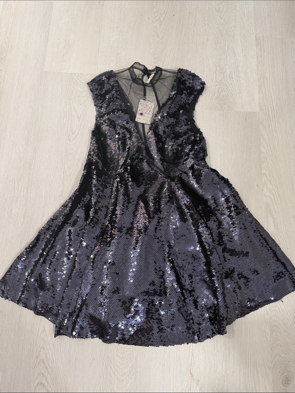 Free People Black Sequin Fit-and-Flare Dress with Sheer Yoke